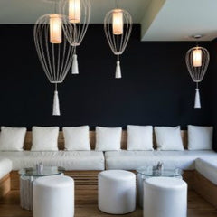 Cell Pendant Lamp, Tall, 58 cm H, White Metal with White Linen and White Tassel, E27, IP20