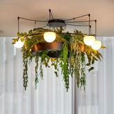 Circ Round Pendant, 7 Lights, White Glass with Black Hardware and Faux Greenery, Recessed Mount, LED, Triac Dim, IP20
