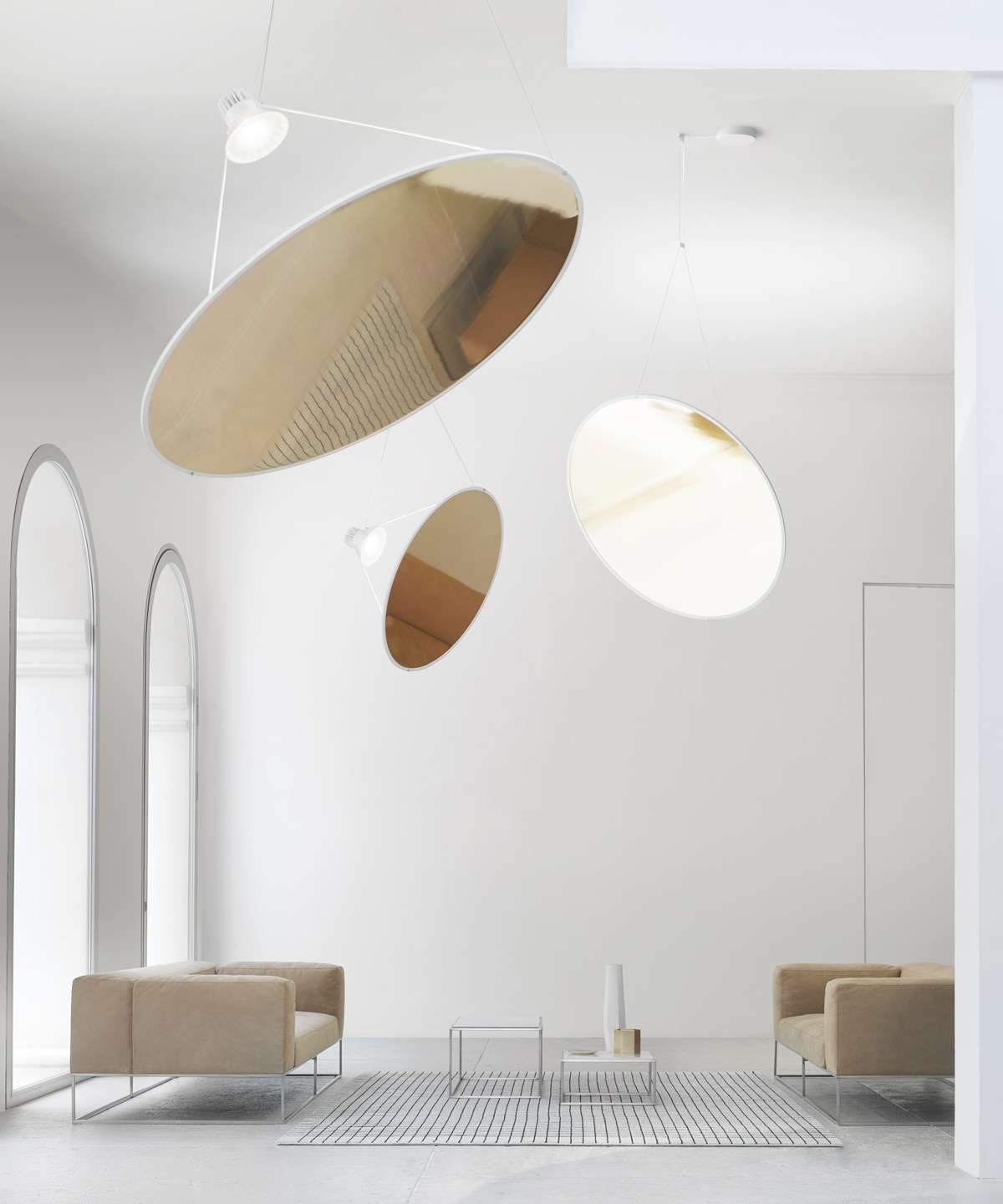 Amisol Pendant, Gold Mirror Stretch Reflector, 108 cm, LED, Push/DALI Dim, IP20