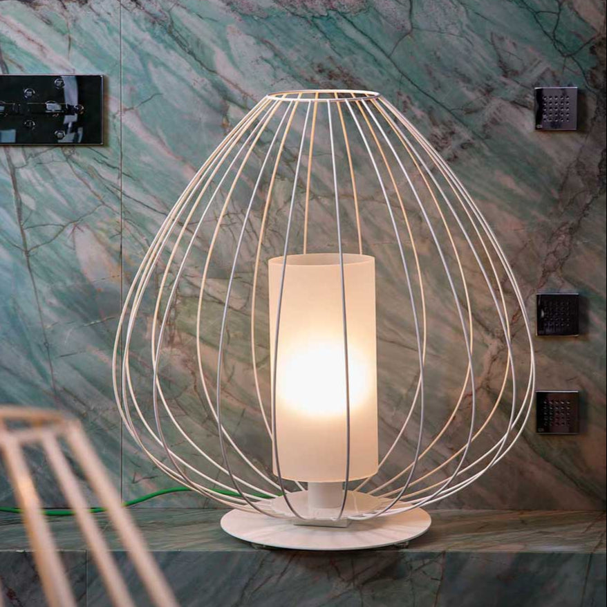 Cell Floor Lamp, Wide, 89 cm H, Bronze Metal with White Linen, E27, IP20