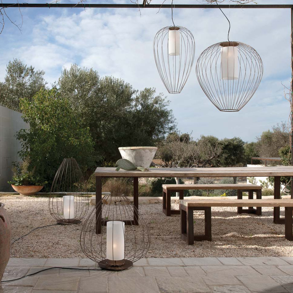 Cell Pendant Lamp, Wide, 87 cm H, Bronze Metal with White Poly, E27, IP65