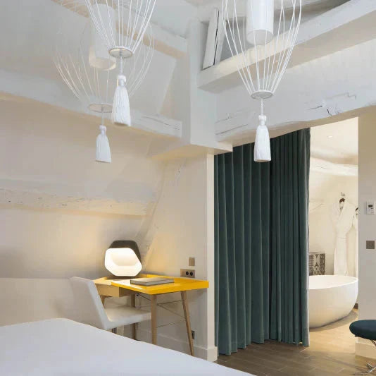 Cell Pendant Lamp, Tall, 58 cm H, Bronze Metal with White Linen and Black Tassel, E27, IP20