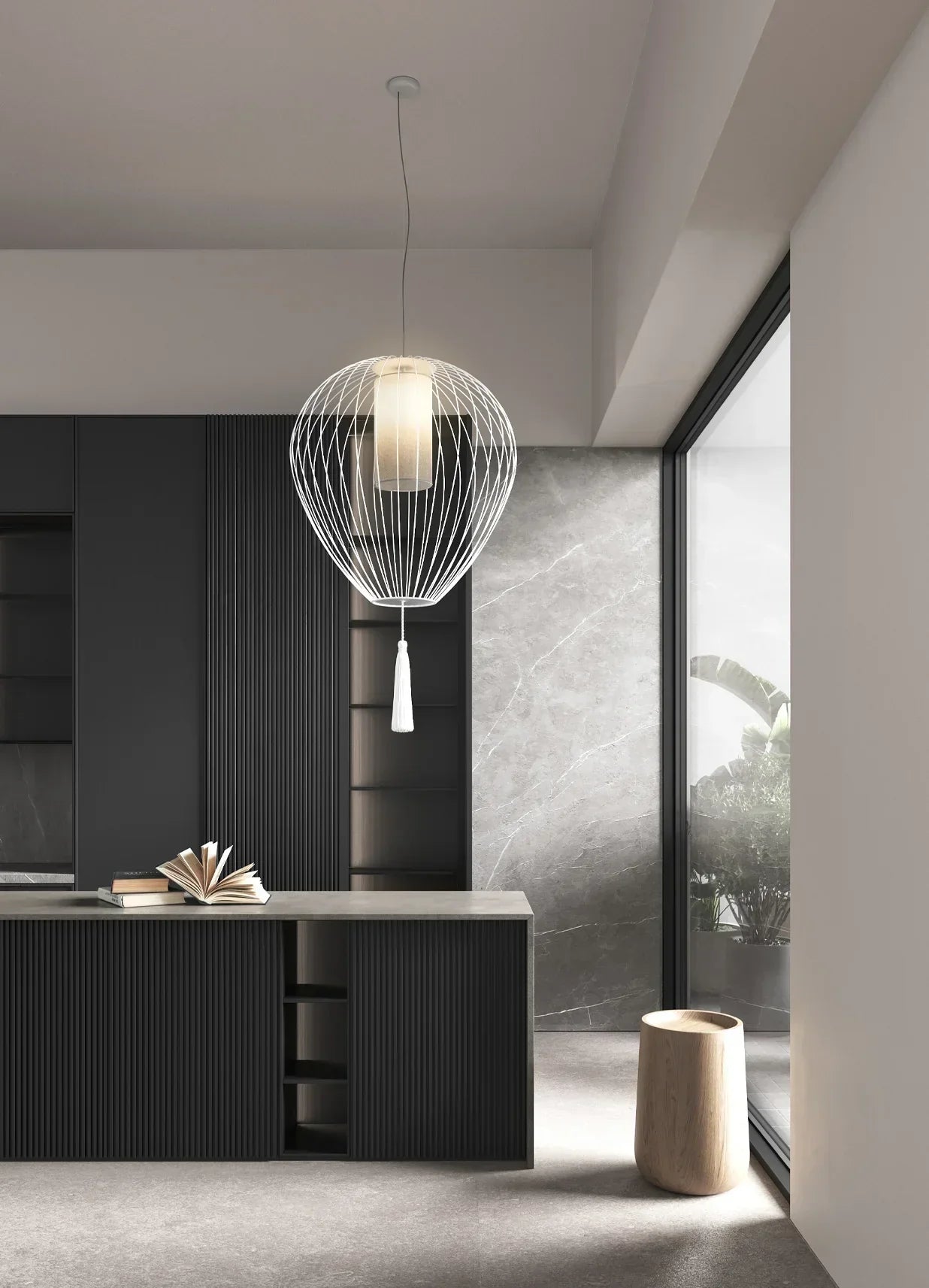 Cell Pendant Lamp, Wide, 59 cm H, Bronze Metal with White Linen and Black Tassel, E27, IP20