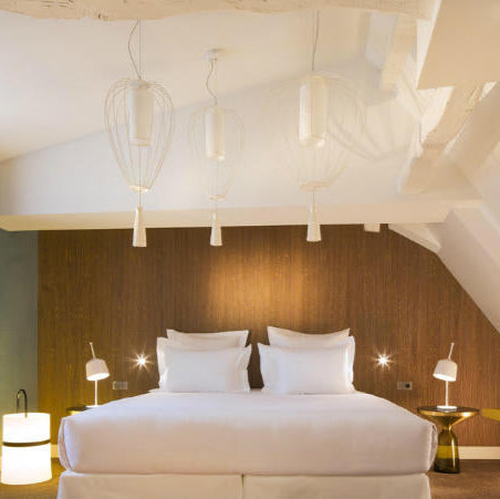 Cell Pendant Lamp, Wide, 89 cm H, White Metal with White Linen and White Tassel, E27, IP20