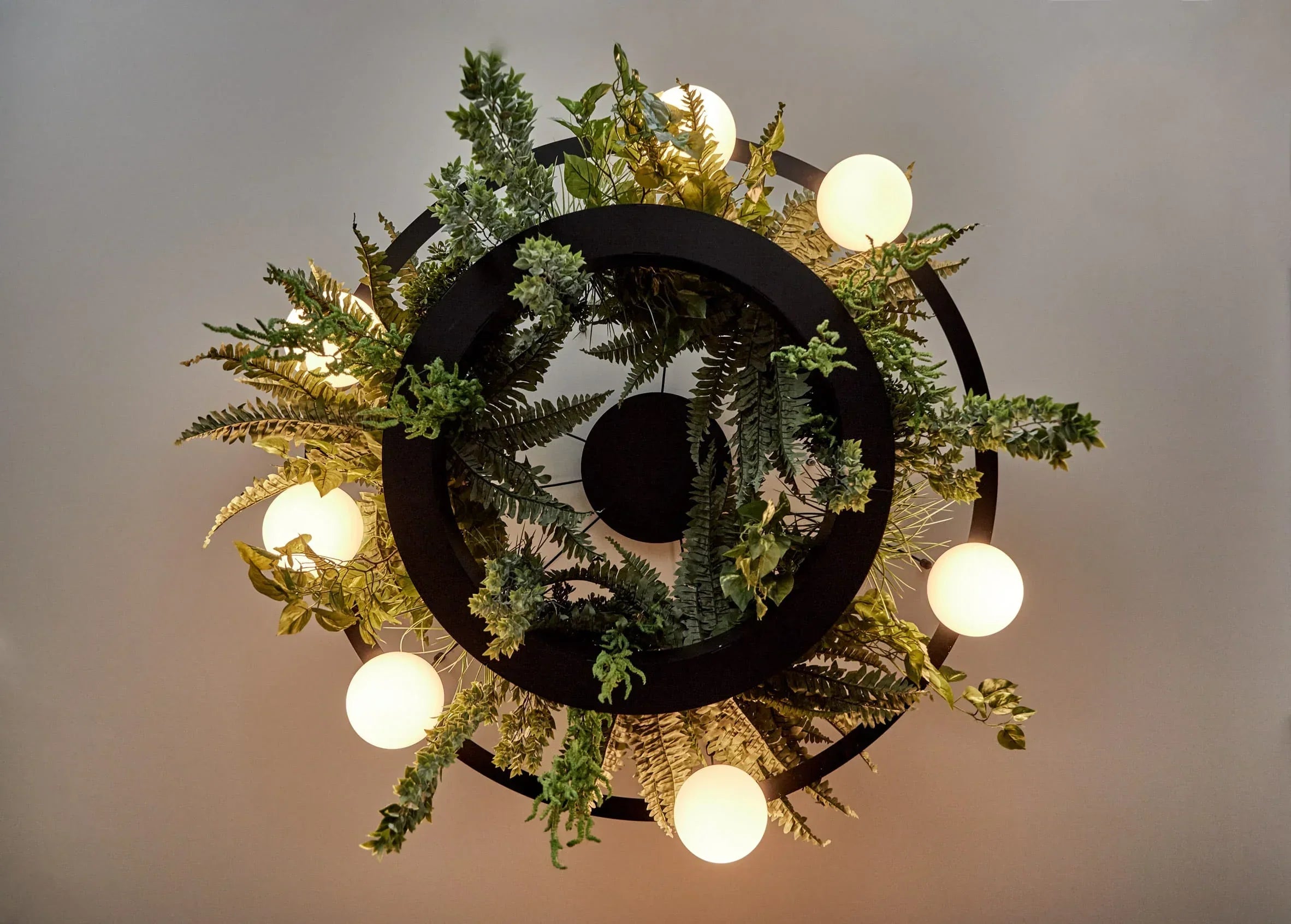 Circ Round Pendant, 7 Lights, White Glass with Black Hardware and Faux Greenery, Surface Mount, LED, Triac Dim, IP20