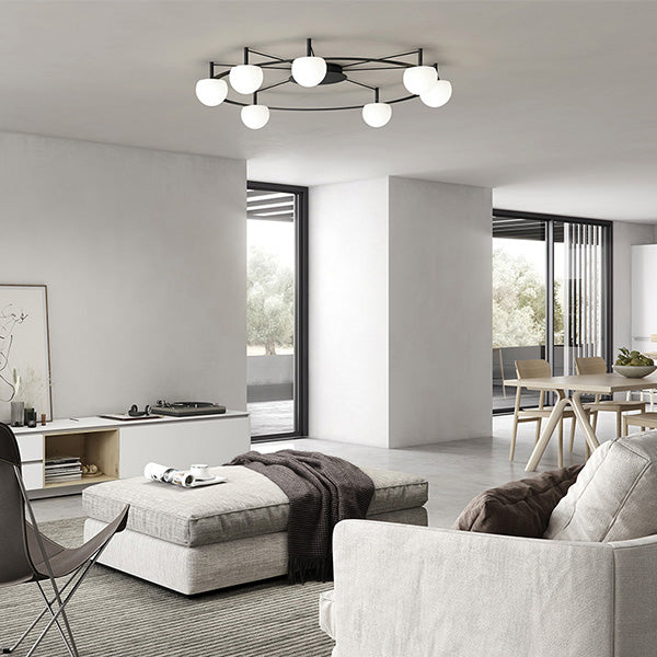 Circ Round Ceiling, 4 Lights, White Glass with Black Hardware, Surface Mount, LED, Triac Dim, IP20