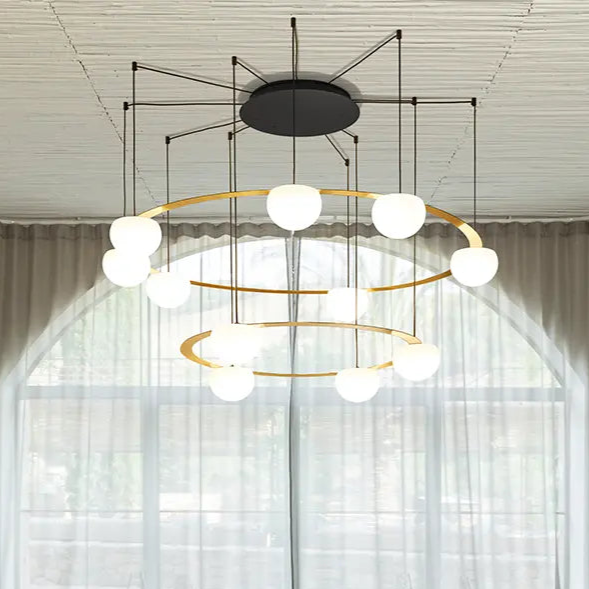 Circ Round Pendant, 2 Tiers, 4 + 7 Lights, White Glass with Black Hardware, Surface Mount, LED, Triac Dim, IP20