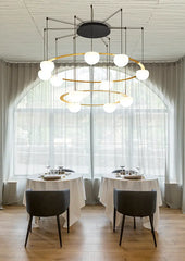 Circ Round Pendant, 2 Tiers, 4 + 7 Lights, White Glass with Black Hardware, Surface Mount, LED, Triac Dim, IP20