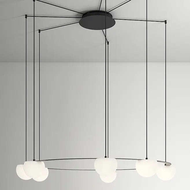 Circ Round Pendant, 7 Lights, White Glass with Black Hardware, Surface Mount, LED, Triac Dim, IP20