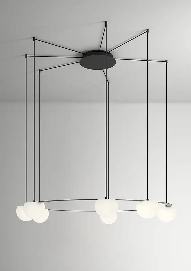 Circ Round Pendant, 7 Lights, White Glass with Gold Hardware, Recessed Mount, LED, Triac Dim, IP20