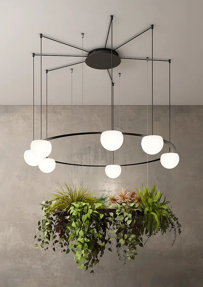 Circ Round Pendant, 7 Lights, White Glass with Black Hardware and Faux Greenery, Recessed Mount, LED, Triac Dim, IP20
