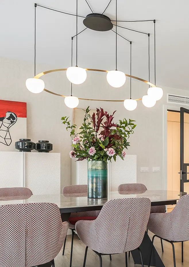 Circ Round Pendant, 7 Lights, White Glass with Gold Hardware, Recessed Mount, LED, Triac Dim, IP20
