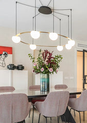 Circ Round Ceiling, 7 Lights, White Glass with Gold Hardware, Surface Mount, LED, Triac Dim, IP20