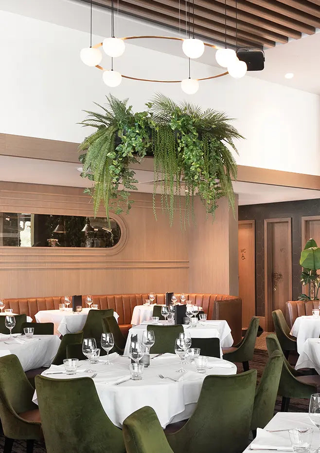 Circ Round Pendant, 7 Lights, White Glass with Black Hardware and Faux Greenery, Surface Mount, LED, Triac Dim, IP20