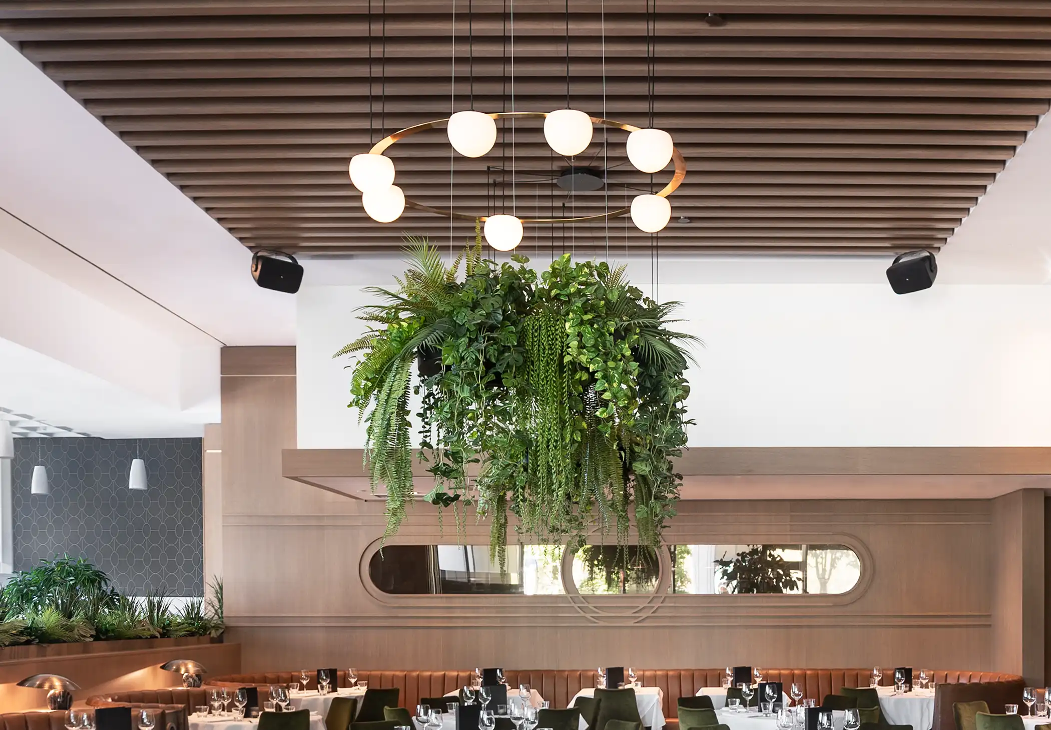 Circ Round Pendant, 7 Lights, White Glass with Black Hardware and Faux Greenery, Recessed Mount, LED, Triac Dim, IP20