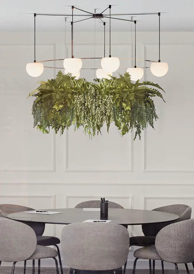 Circ Round Pendant, 7 Lights, White Glass with Black Hardware and Faux Greenery, Recessed Mount, LED, Triac Dim, IP20