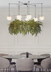 Circ Round Pendant, 7 Lights, White Glass with Black Hardware and Faux Greenery, Surface Mount, LED, Triac Dim, IP20