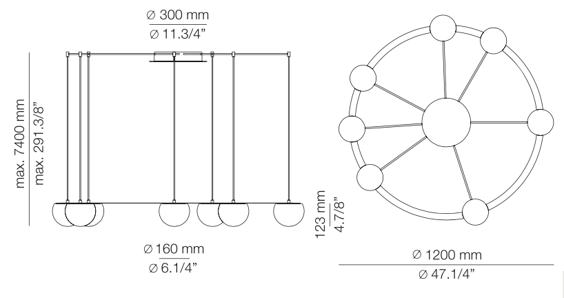 Circ Round Ceiling, 7 Lights, White Glass with Black Hardware, Surface Mount, LED, Triac Dim, IP20