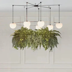 Circ Round Pendant, 7 Lights, White Glass with Black Hardware and Faux Greenery, Recessed Mount, LED, Triac Dim, IP20