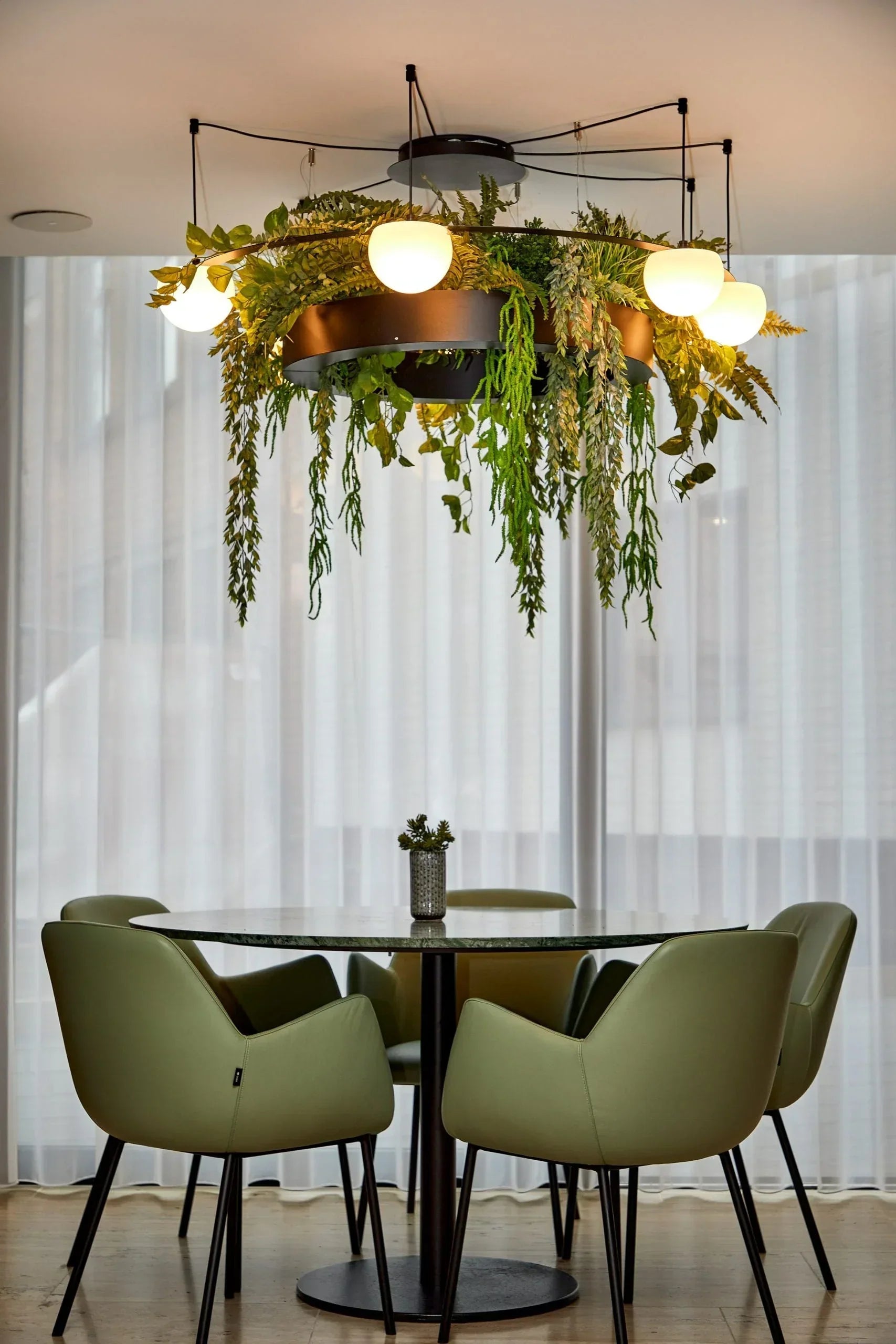 Circ Round Pendant, 7 Lights, White Glass with Black Hardware and Faux Greenery, Surface Mount, LED, Triac Dim, IP20