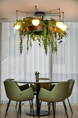 Circ Round Pendant, 7 Lights, White Glass with Black Hardware and Faux Greenery, Recessed Mount, LED, Triac Dim, IP20